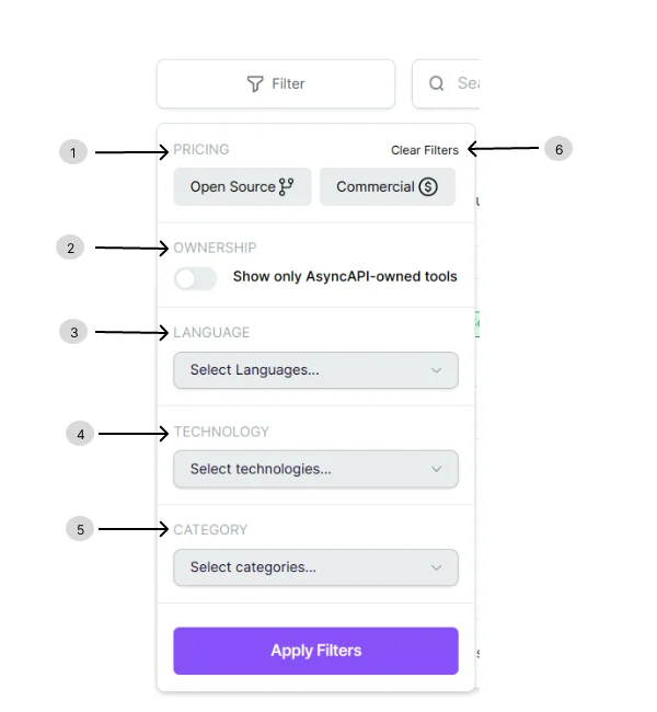 AsyncAPI tool's filters menu